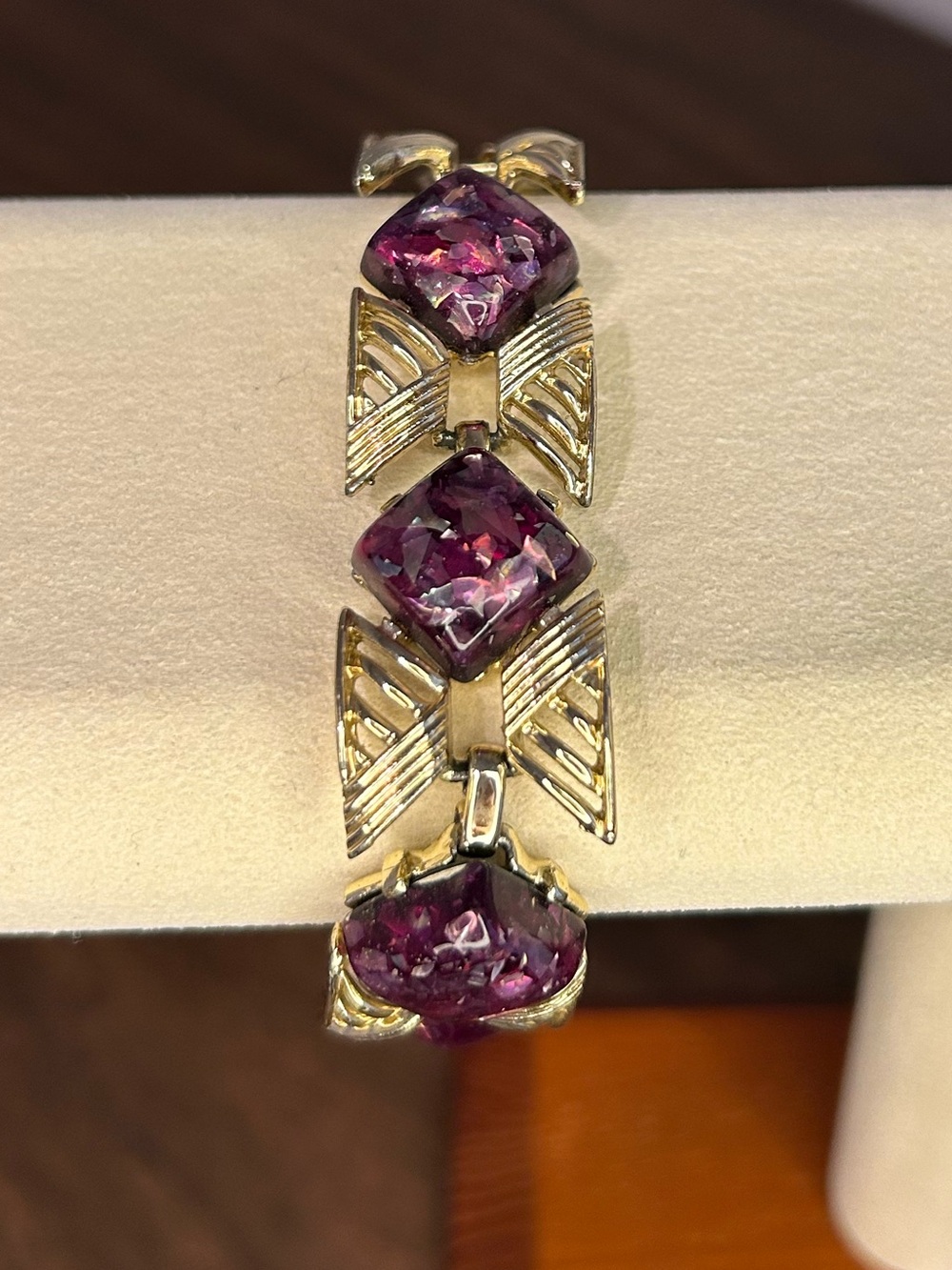 Vintage Coro Gold Tone Bracelet Purple Lucite Geometric Art Deco Style